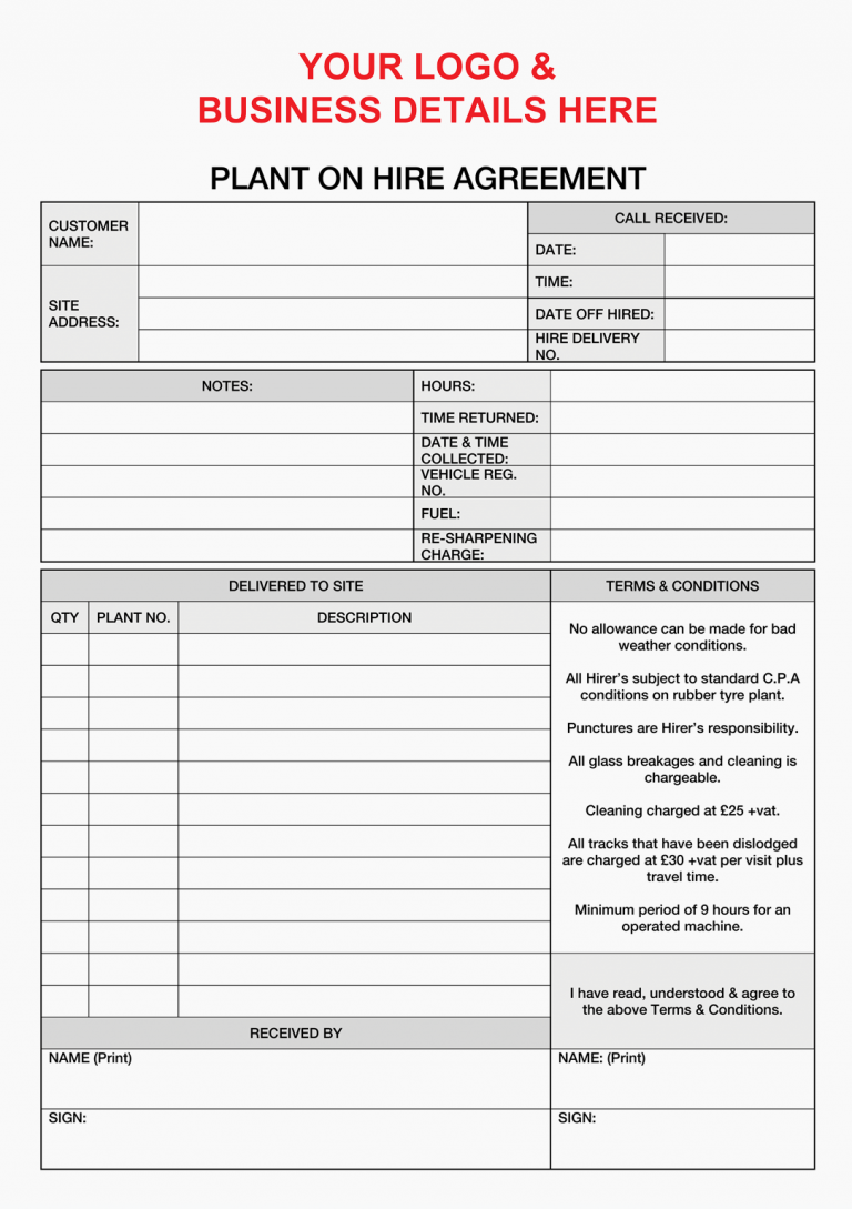 Plant Hire Agreement Form - NCR Pads & NCR Printing Blog | NCR Pads Ltd