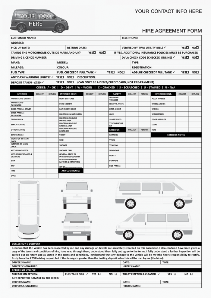 VW Transporter Campervan Hire Agreement Form