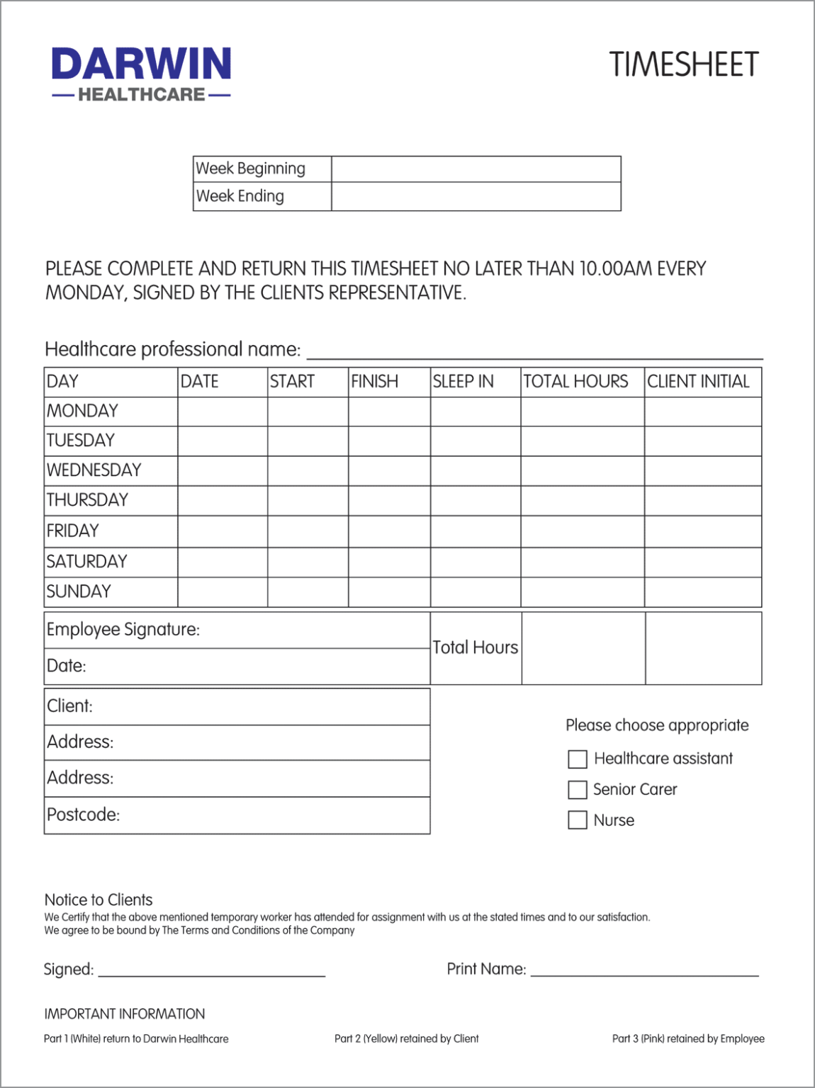 Personalised Healthcare Timesheets | NCR Printing | NCR Pads Ltd