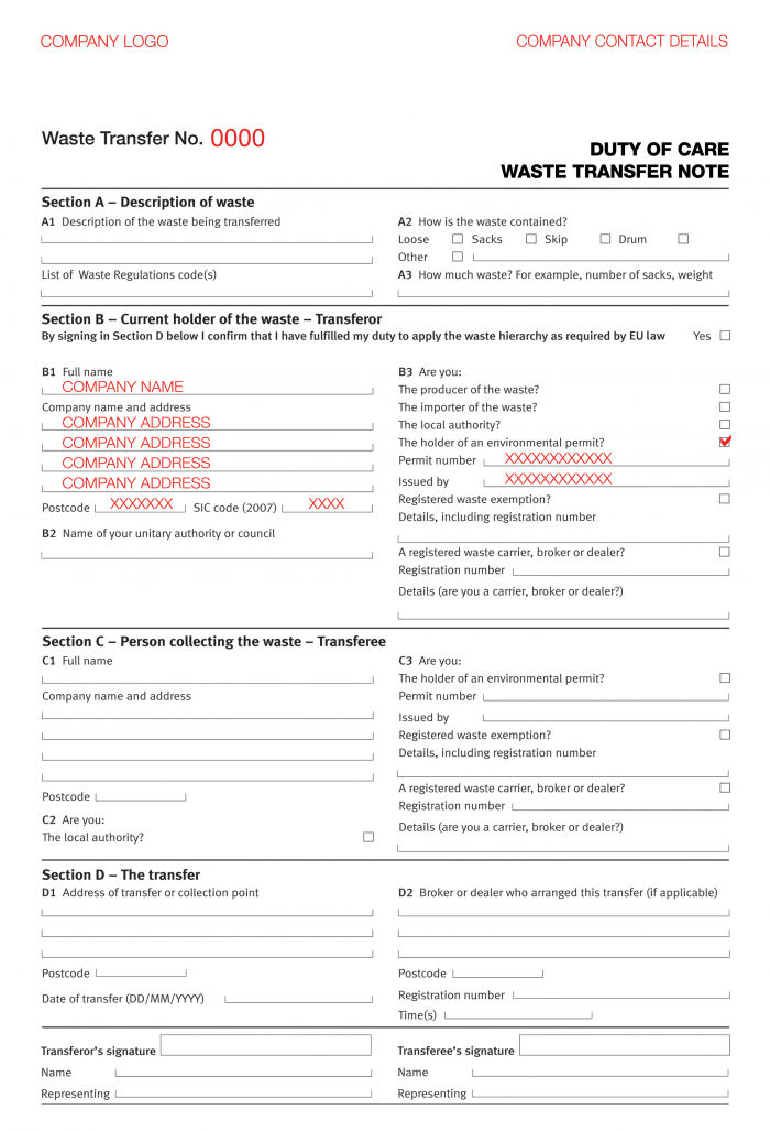 Customised Waste Transfer Note