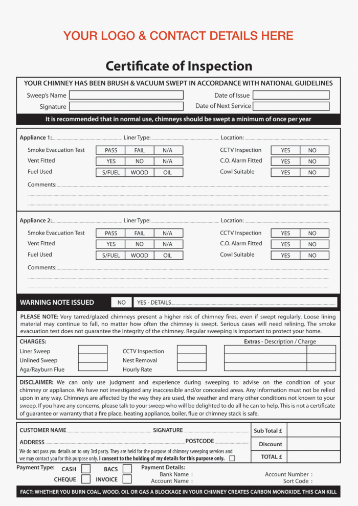 Chimney Sweep Certificate of Inspection